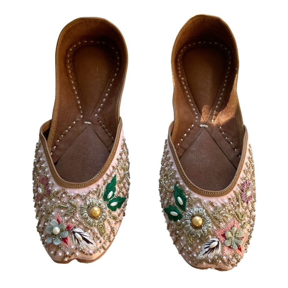 Genuine Leather Embellished Beaded Traditional Khussa Flat Shoes Women's 39 Pink